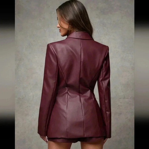 Women's Vintage Burgundy Waist Cinched PU Leather Blazer Jacket - Picture 5 of 7